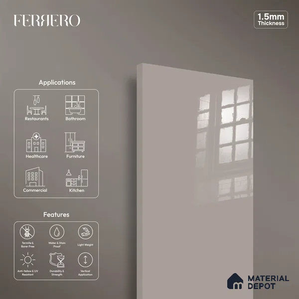 Ferrero 1C 01505 Misty Beige 8 ft x 4 ft High Gloss Finish 6H Anti Scratch Acrylic Laminate - 1.5 mm | Suitable for Living Room, Kitchen, Office