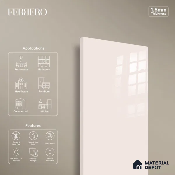 Ferrero 1C 01506 Blush Haze 8 ft x 4 ft High Gloss Finish 6H Anti Scratch Acrylic Laminate - 1.5 mm | Suitable for Living Room, Kitchen, Office