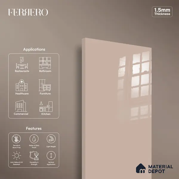 Ferrero 1C 01507 Desert Blush 8 ft x 4 ft High Gloss Finish 6H Anti Scratch Acrylic Laminate - 1.5 mm | Suitable for Living Room, Kitchen, Office