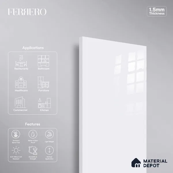 Ferrero 1C 01508 Velvet Frost 8 ft x 4 ft High Gloss Finish 6H Anti Scratch Acrylic Laminate - 1.5 mm | Suitable for Living Room, Kitchen, Office