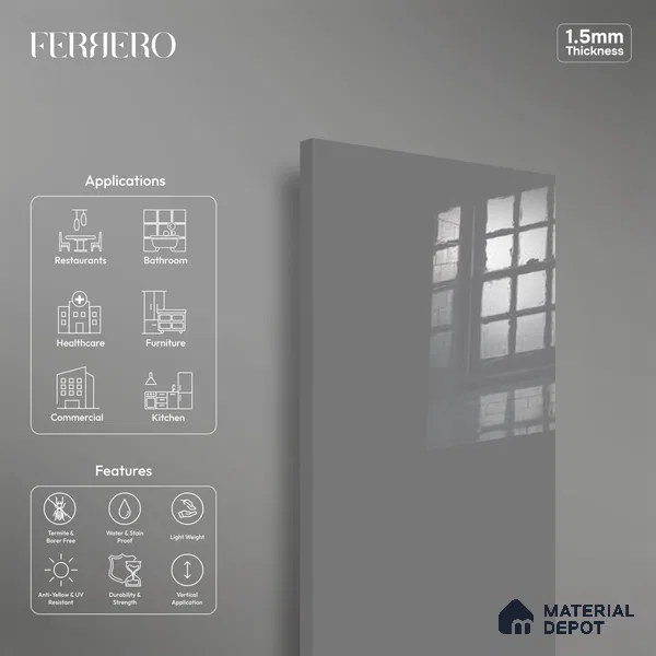 Ferrero 1C 01512 Charcoal Fog 8 ft x 4 ft High Gloss Finish 6H Anti Scratch Acrylic Laminate - 1.5 mm | Suitable for Living Room, Kitchen, Office