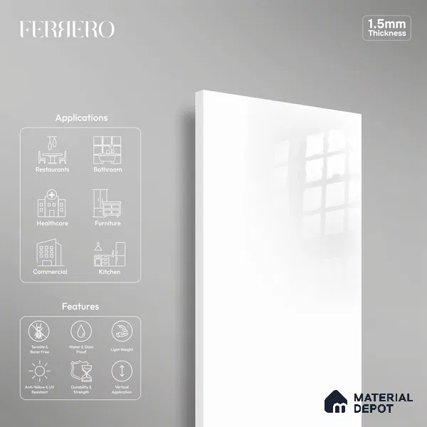Ferrero 1C 01571 Fresh Linen 8 ft x 4 ft High Gloss Finish 6H Anti Scratch Acrylic Laminate - 1.5 mm | Suitable for Living Room, Kitchen, Office
