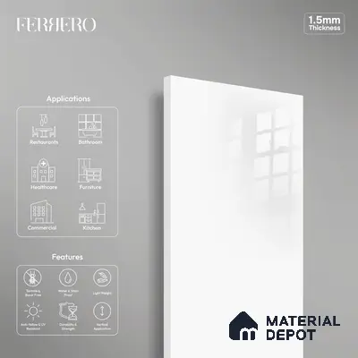 Ferrero 1C 01502 Snow White 8 ft x 4 ft High Gloss Finish 6H Anti Scratch Acrylic Laminate - 1.5 mm | Suitable for Living Room, Kitchen, Office