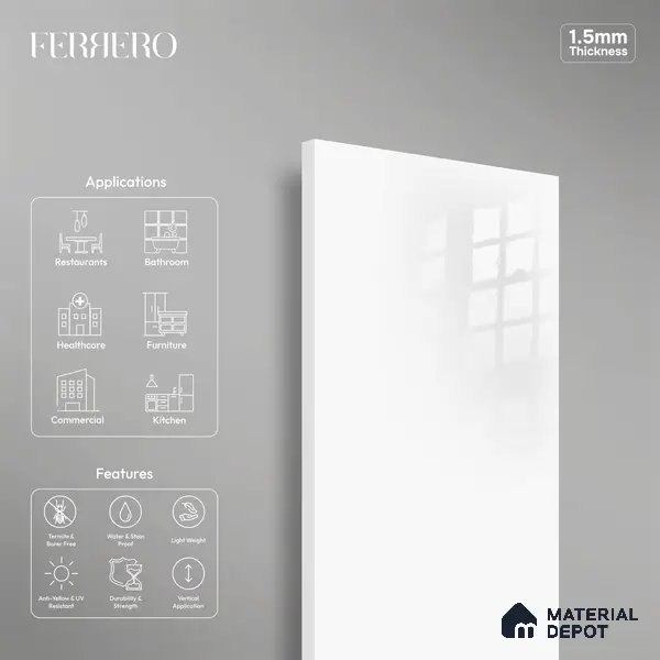 Ferrero 1C 01502 Snow White 8 ft x 4 ft High Gloss Finish 6H Anti Scratch Acrylic Laminate - 1.5 mm | Suitable for Living Room, Kitchen, Office