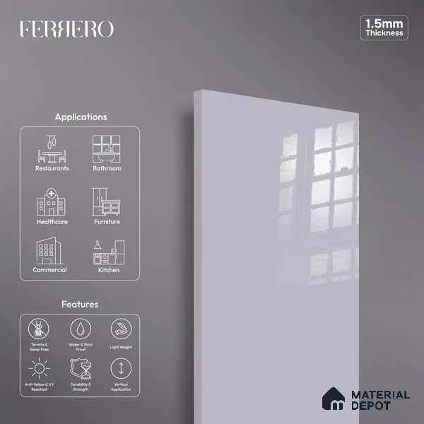Ferrero 1C 01572 Misty Mauve 8 ft x 4 ft High Gloss Finish 6H Anti Scratch Acrylic Laminate - 1.5 mm | Suitable for Living Room, Kitchen, Office