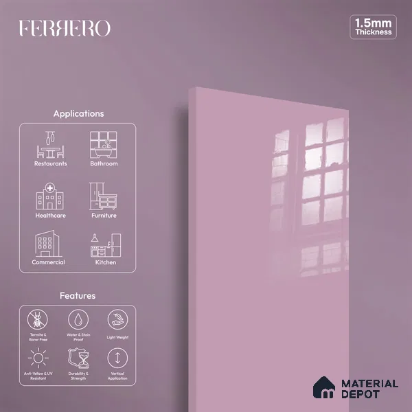 Ferrero 1C 01516 Dusky Rose 8 ft x 4 ft High Gloss Finish 6H Anti Scratch Acrylic Laminate - 1.5 mm | Suitable for Living Room, Kitchen, Office