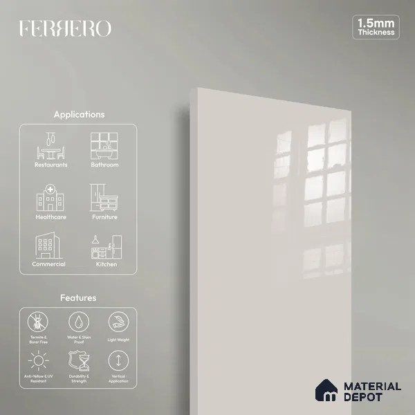 Ferrero 1C 01504 Warm Fog 8 ft x 4 ft High Gloss Finish 6H Anti Scratch Acrylic Laminate - 1.5 mm | Suitable for Living Room, Kitchen, Office