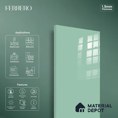Ferrero 1C 01522 Breeze Green 8 ft x 4 ft High Gloss Finish 6H Anti Scratch Acrylic Laminate - 1.5 mm | Suitable for Living Room, Kitchen, Office