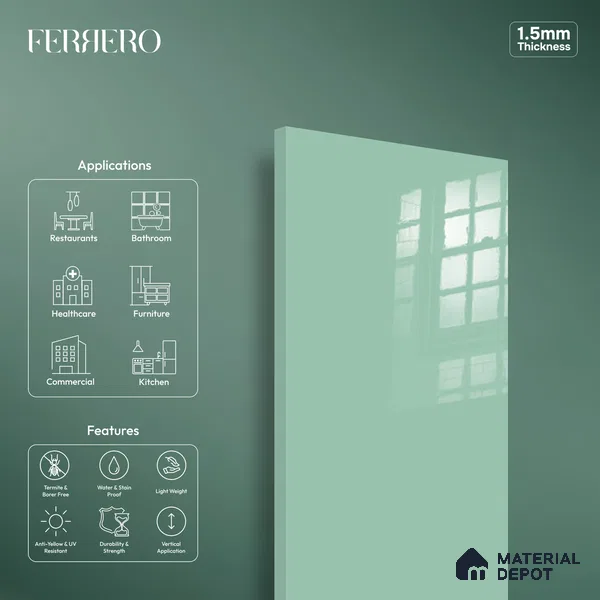 Ferrero 1C 01522 Breeze Green 8 ft x 4 ft High Gloss Finish 6H Anti Scratch Acrylic Laminate - 1.5 mm | Suitable for Living Room, Kitchen, Office