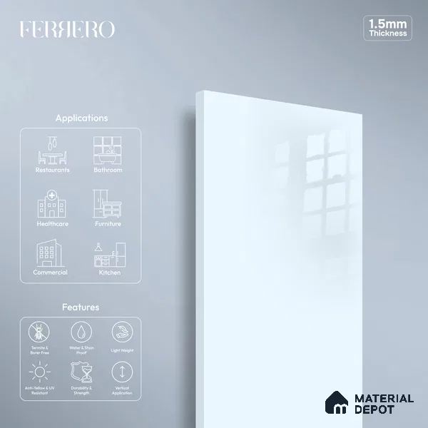Ferrero 1C 01517 Icy Breeze 8 ft x 4 ft High Gloss Finish 6H Anti Scratch Acrylic Laminate - 1.5 mm | Suitable for Living Room, Kitchen, Office