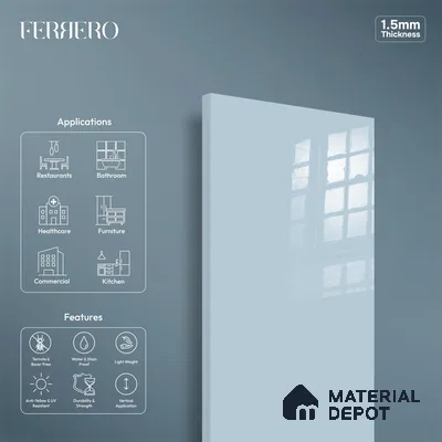 Ferrero 1C 01519 Pale Ocean 8 ft x 4 ft High Gloss Finish 6H Anti Scratch Acrylic Laminate - 1.5 mm | Suitable for Living Room, Kitchen, Office