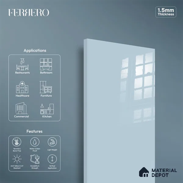 Ferrero 1C 01519 Pale Ocean 8 ft x 4 ft High Gloss Finish 6H Anti Scratch Acrylic Laminate - 1.5 mm | Suitable for Living Room, Kitchen, Office