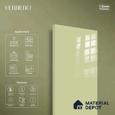Ferrero 1C 01523 Olive Whisper 8 ft x 4 ft High Gloss Finish 6H Anti Scratch Acrylic Laminate - 1.5 mm | Suitable for Living Room, Kitchen, Office