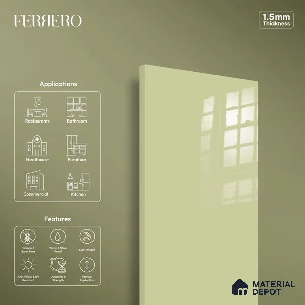 Ferrero 1C 01523 Olive Whisper 8 ft x 4 ft High Gloss Finish 6H Anti Scratch Acrylic Laminate - 1.5 mm | Suitable for Living Room, Kitchen, Office