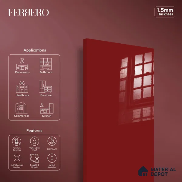 Ferrero 1C 01527 Dark Garnet 8 ft x 4 ft High Gloss Finish 6H Anti Scratch Acrylic Laminate - 1.5 mm | Suitable for Bedroom, TV Unit, Wardrobe, Kitchen Cabinet