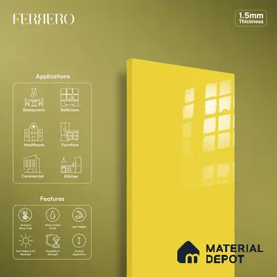 Ferrero 1C 01525 Lemon Zest 8 ft x 4 ft High Gloss Finish 6H Anti Scratch Acrylic Laminate - 1.5 mm | Suitable for Living Room, Kitchen, Office