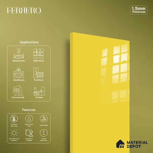 Ferrero 1C 01525 Lemon Zest 8 ft x 4 ft High Gloss Finish 6H Anti Scratch Acrylic Laminate - 1.5 mm | Suitable for Living Room, Kitchen, Office