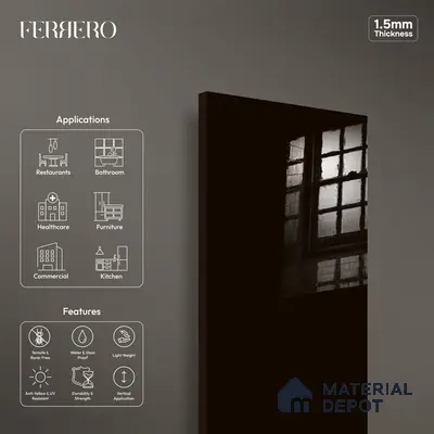 Ferrero 1C 01556 Black 8 ft x 4 ft High Gloss Finish 6H Anti Scratch Acrylic Laminate - 1.5 mm | Suitable for Living Room, Kitchen, Office