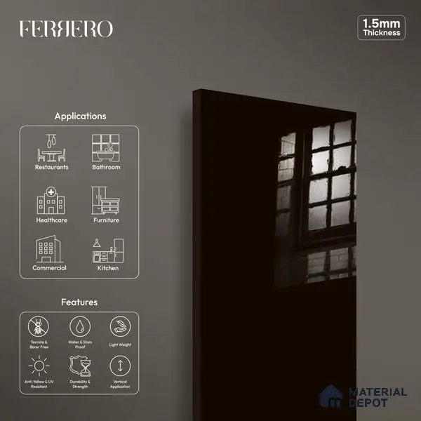 Ferrero 1C 01556 Black 8 ft x 4 ft High Gloss Finish 6H Anti Scratch Acrylic Laminate - 1.5 mm | Suitable for Living Room, Kitchen, Office