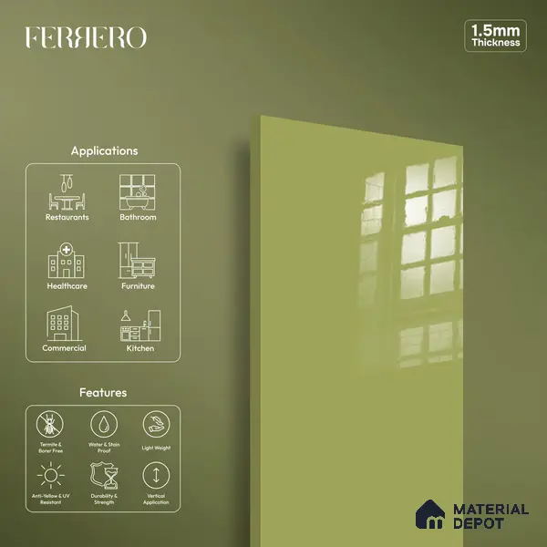Ferrero 1C 01524 Harvest Olive 8 ft x 4 ft High Gloss Finish 6H Anti Scratch Acrylic Laminate - 1.5 mm | Suitable for Living Room, Kitchen, Office