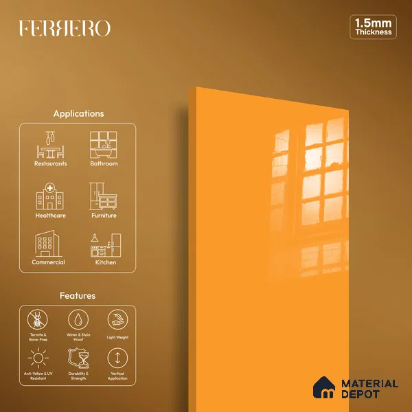 Ferrero 1C 01526 Pumpkin Spice 8 ft x 4 ft High Gloss Finish 6H Anti Scratch Acrylic Laminate - 1.5 mm | Suitable for Bedroom, TV Unit, Wardrobe, Kitchen Cabinet