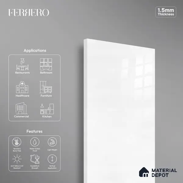 Ferrero 1C 01529 Silver Spark 8 ft x 4 ft High Gloss Finish 6H Anti Scratch Acrylic Laminate - 1.5 mm | Suitable for Bedroom, TV Unit, Wardrobe, Kitchen Cabinet