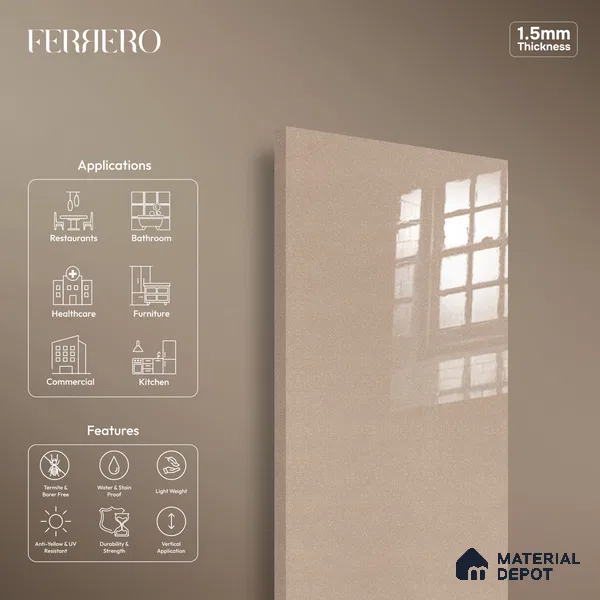 Ferrero 1C 01532 Glimmering Bronze 8 ft x 4 ft High Gloss Finish 6H Anti Scratch Acrylic Laminate - 1.5 mm | Suitable for Bedroom, TV Unit, Wardrobe, Kitchen Cabinet