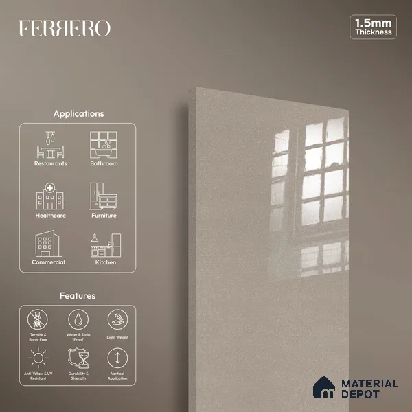 Ferrero 1C 01533 Sparkling Ashwood 8 ft x 4 ft High Gloss Finish 6H Anti Scratch Acrylic Laminate - 1.5 mm | Suitable for Bedroom, TV Unit, Wardrobe, Kitchen Cabinet