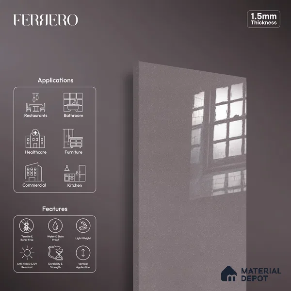 Ferrero 1C 01534 Dazzling Shadow 8 ft x 4 ft High Gloss Finish 6H Anti Scratch Acrylic Laminate - 1.5 mm | Suitable for Bedroom, TV Unit, Wardrobe, Kitchen Cabinet