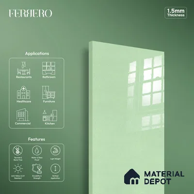 Ferrero 1C 01537 Jade Gleam 8 ft x 4 ft High Gloss Finish 6H Anti Scratch Acrylic Laminate - 1.5 mm | Suitable for Bedroom, TV Unit, Wardrobe, Kitchen Cabinet