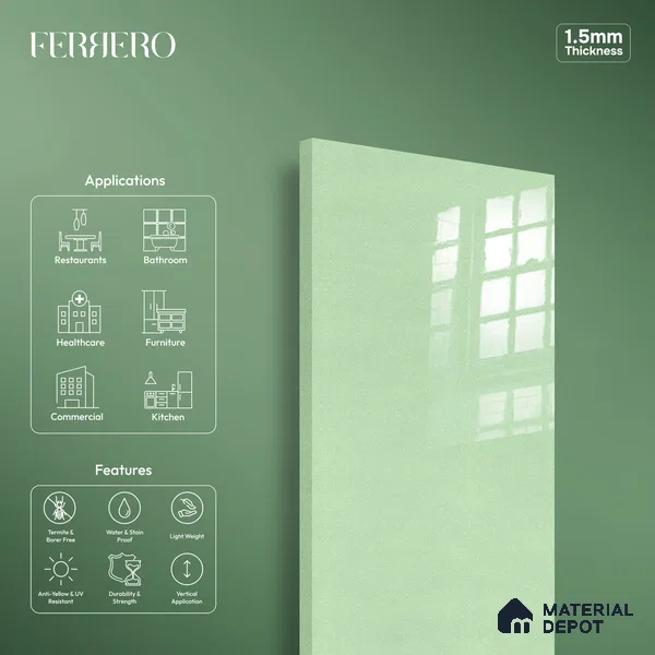Ferrero 1C 01537 Jade Gleam 8 ft x 4 ft High Gloss Finish 6H Anti Scratch Acrylic Laminate - 1.5 mm | Suitable for Bedroom, TV Unit, Wardrobe, Kitchen Cabinet