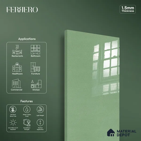 Ferrero 1C 01538 Lime Glint 8 ft x 4 ft High Gloss Finish 6H Anti Scratch Acrylic Laminate - 1.5 mm | Suitable for Bedroom, TV Unit, Wardrobe, Kitchen Cabinet