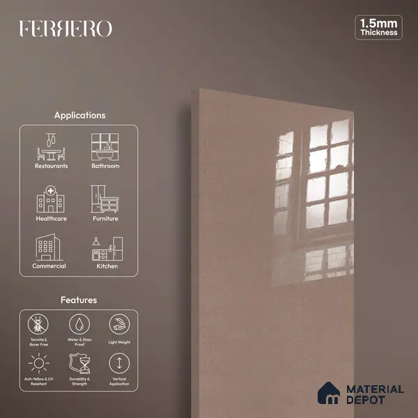Ferrero 1C 01555 Metallic Mocha 8 ft x 4 ft High Gloss Finish 6H Anti Scratch Acrylic Laminate - 1.5 mm | Suitable for Bedroom, TV Unit, Wardrobe, Kitchen Cabinet