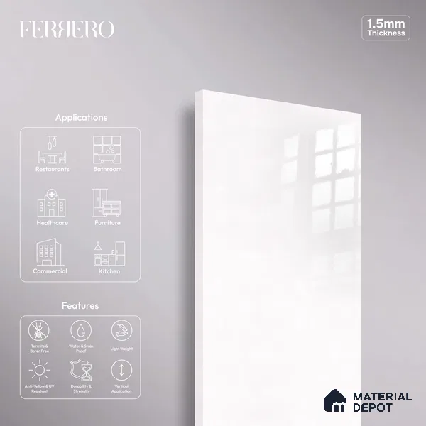 Ferrero 1C 01539 Pearl Platinum 8 ft x 4 ft High Gloss Finish 6H Anti Scratch Acrylic Laminate - 1.5 mm | Suitable for Bedroom, TV Unit, Wardrobe, Kitchen Cabinet