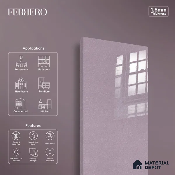 Ferrero 1C 01540 Antique Violet 8 ft x 4 ft High Gloss Finish 6H Anti Scratch Acrylic Laminate - 1.5 mm | Suitable for Bedroom, TV Unit, Wardrobe, Kitchen Cabinet