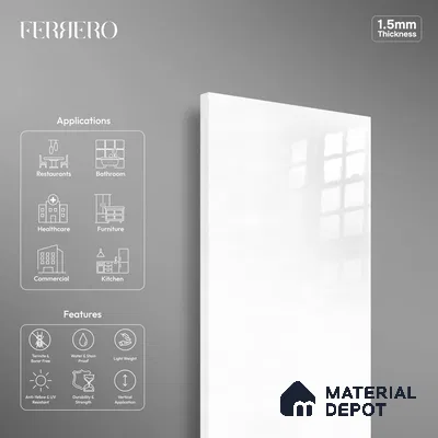 Ferrero 1C 01546 Ivory Shine 8 ft x 4 ft High Gloss Finish 6H Anti Scratch Acrylic Laminate - 1.5 mm | Suitable for Bedroom, TV Unit, Wardrobe, Kitchen Cabinet