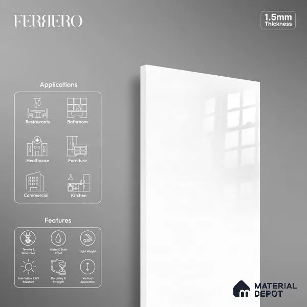 Ferrero 1C 01546 Ivory Shine 8 ft x 4 ft High Gloss Finish 6H Anti Scratch Acrylic Laminate - 1.5 mm | Suitable for Bedroom, TV Unit, Wardrobe, Kitchen Cabinet