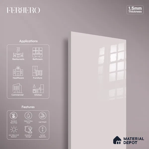 Ferrero 1C 01562 Soft Mauve 8 ft x 4 ft High Gloss Finish 6H Anti Scratch Acrylic Laminate - 1.5 mm | Suitable for Living Room, Kitchen, Office