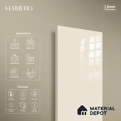 Ferrero 1C 01581 Creamy Beige 8 ft x 4 ft High Gloss Finish 6H Anti Scratch Acrylic Laminate - 1.5 mm | Suitable for Living Room, Kitchen, Office