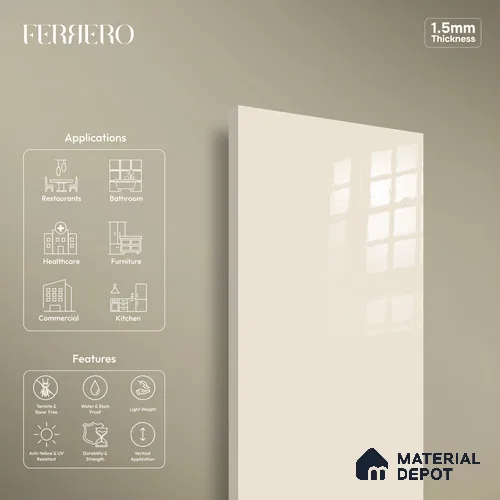 Ferrero 1C 01581 Creamy Beige 8 ft x 4 ft High Gloss Finish 6H Anti Scratch Acrylic Laminate - 1.5 mm | Suitable for Living Room, Kitchen, Office