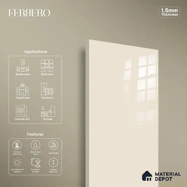 Ferrero 1C 01581 Creamy Beige 8 ft x 4 ft High Gloss Finish 6H Anti Scratch Acrylic Laminate - 1.5 mm | Suitable for Living Room, Kitchen, Office