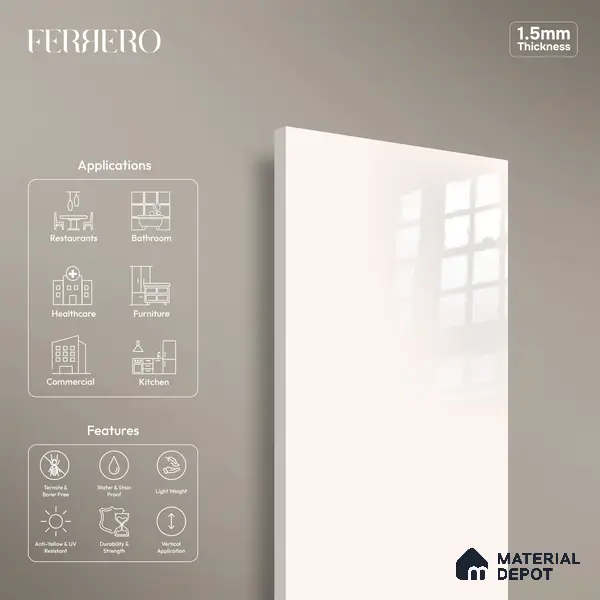 Ferrero 1C 01568 Ivory Peach 8 ft x 4 ft High Gloss Finish 6H Anti Scratch Acrylic Laminate - 1.5 mm | Suitable for Living Room, Kitchen, Office