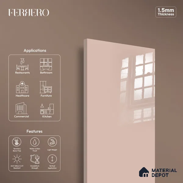Ferrero 1C 01569 Antique Blush 8 ft x 4 ft High Gloss Finish 6H Anti Scratch Acrylic Laminate - 1.5 mm | Suitable for Living Room, Kitchen, Office