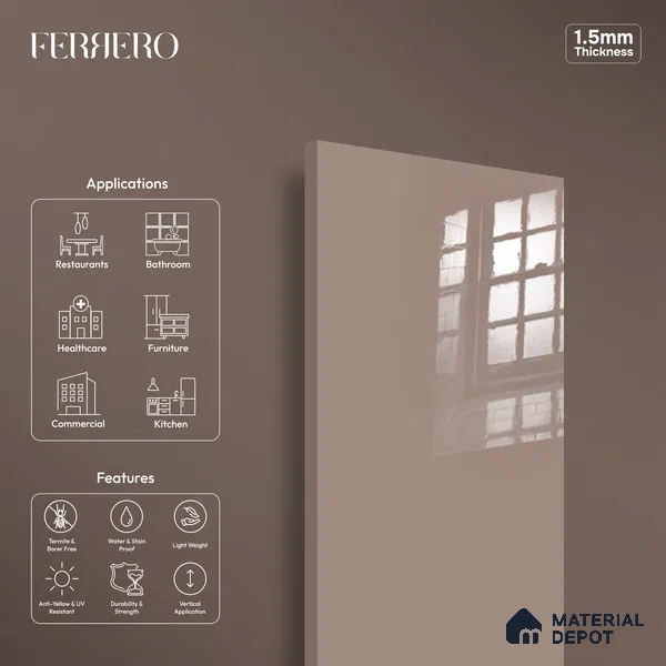 Ferrero 1C 01565 Coffee Cream 8 ft x 4 ft High Gloss Finish 6H Anti Scratch Acrylic Laminate - 1.5 mm | Suitable for Living Room, Kitchen, Office