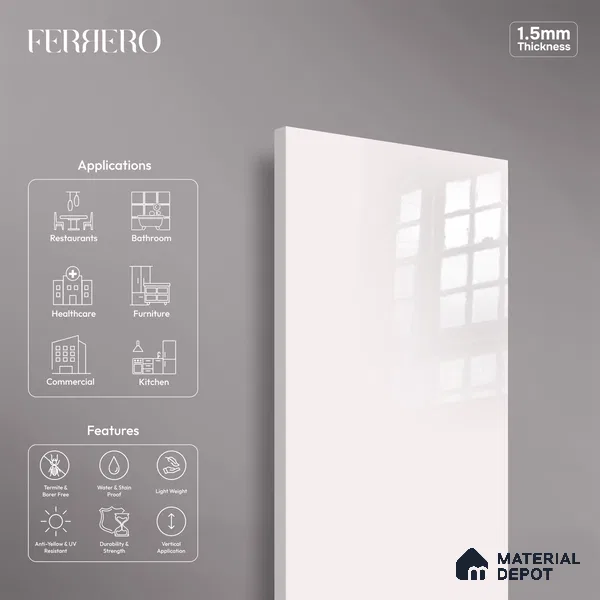 Ferrero 1C 01561 Gentle Breeze 8 ft x 4 ft High Gloss Finish 6H Anti Scratch Acrylic Laminate - 1.5 mm | Suitable for Living Room, Kitchen, Office