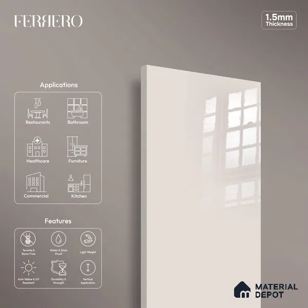 Ferrero 1C 01564 Pale Almond 8 ft x 4 ft High Gloss Finish 6H Anti Scratch Acrylic Laminate - 1.5 mm | Suitable for Living Room, Kitchen, Office
