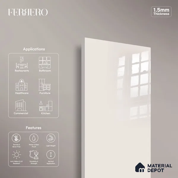 Ferrero 1C 01566 Blush Beige 8 ft x 4 ft High Gloss Finish 6H Anti Scratch Acrylic Laminate - 1.5 mm | Suitable for Living Room, Kitchen, Office