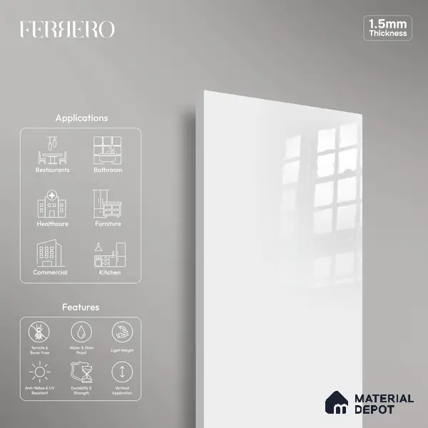 Ferrero 1C 01567 Icy Pearl 8 ft x 4 ft High Gloss Finish 6H Anti Scratch Acrylic Laminate - 1.5 mm | Suitable for Living Room, Kitchen, Office