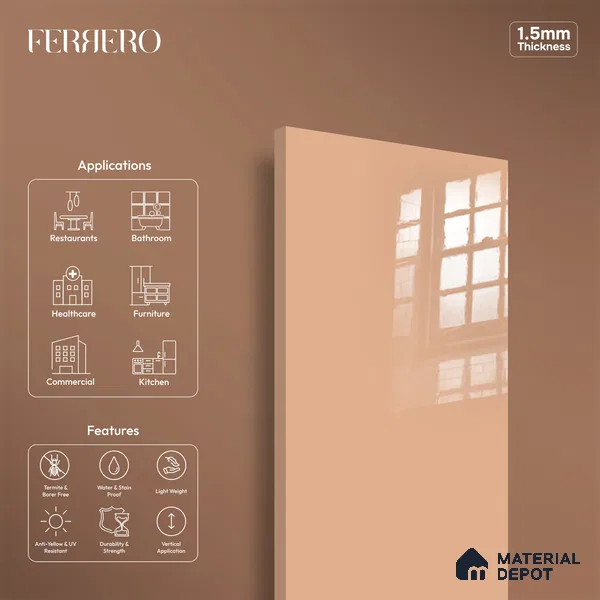 Ferrero 1C 01584 Desert Peach 8 ft x 4 ft High Gloss Finish 6H Anti Scratch Acrylic Laminate - 1.5 mm | Suitable for Living Room, Kitchen, Office