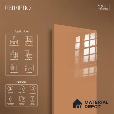 Ferrero 1C 01585 Copper Beige 8 ft x 4 ft High Gloss Finish 6H Anti Scratch Acrylic Laminate - 1.5 mm | Suitable for Living Room, Kitchen, Office